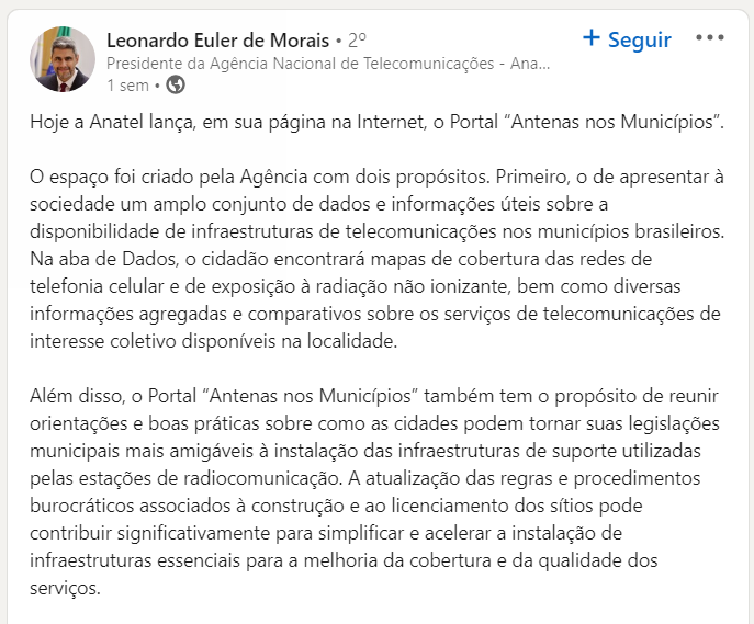 Leia mais sobre o artigo Anatel lança em sua página na Internet, o Portal “Antenas nos Municípios”.